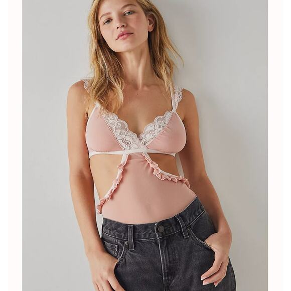 NEW We Are Hah Key To Your Heart Cream Pink Mesh Teddy Bodysuit - Picture 10 of 10